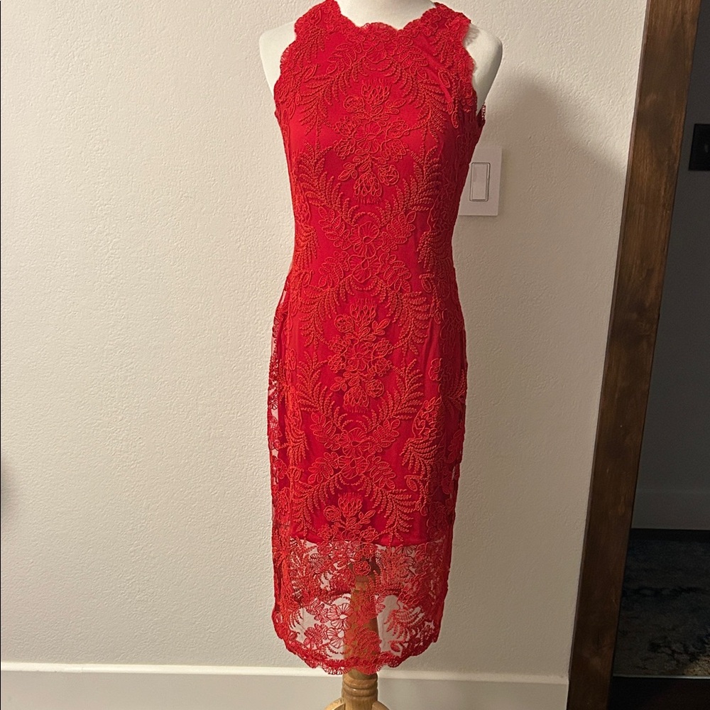 Tadashi Shoji Vibrant Red Lace Midi Dress